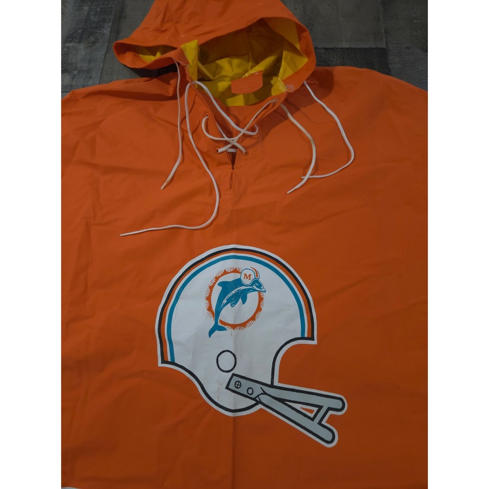 Vintage 80s Miami Dolphins Orange Tab Rain Poncho Hooded Vinyl Reversible NFL L